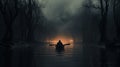 Surreal Cinematic Minimalistic Shot: Rowing Through The Dark Forest