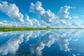 Surreal cirrus clouds forming a canopy over a crystal-clear lake. AI generated. Royalty Free Stock Photo