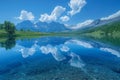 Surreal cirrus clouds forming a canopy over a crystal-clear lake. AI generated. Royalty Free Stock Photo