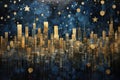 Surreal city skyline at night. painting of gold buildings that are melting or dripping in dark blue sky. Cityscape at