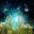 Surreal city skyline in the night with starry sky