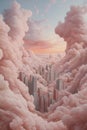 Surreal city skyline surrounded by cotton candy clouds at sunset Royalty Free Stock Photo