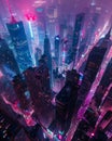Surreal cityscape, buildings bending, night, aerial shot, neon glows, shadow play