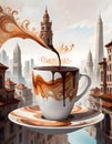 Surreal Cityscape with Floating Coffee Cup