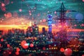 Surreal cityscape: glowing power lines, vibrant bokeh lights, and dreamlike atmosphere, generative ai