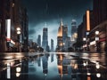 A Surreal cityscape during a rainy night
