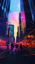 Surreal cityscape with vibrant neon colors