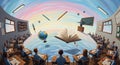 Surreal classroom scene with floating objects, symbolizing the expansive nature of learning and knowledge Royalty Free Stock Photo
