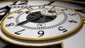 Surreal clock with exposed gears, white background with gray pattern and golden edges that repeats endlessly one inside the other