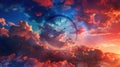 Surreal clock face made of clouds with hands at midnight against a colorful New Year's Eve sky, creating a dreamlike