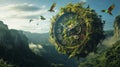 Surreal Clock Overgrown with Lush Greenery in a Jungle