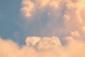 Surreal cloud podium outdoor on blue sky pink gold pastel clouds with empty space.Beauty cosmetic product placement pedestal