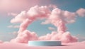 Surreal cloud podium outdoor on blue sky pink pastel soft fluffy clouds with empty space.Beauty cosmetic product placement