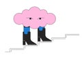 Surreal cloud walking in boots flat line concept vector spot illustration