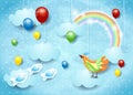 Surreal cloudscape with balloons, bird and flying fishes