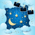 Surreal cloudscape with hanging stars and photo frames