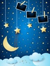 Surreal cloudscape with moon, stars, ladder and photo frames