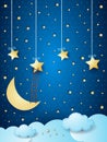 Surreal cloudscape with moon, stars and ladder