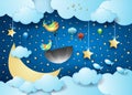 Surreal cloudscape by night with moon, flying umbrella and fishes