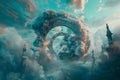 Surreal Cloudscapes, A Clockwork World in Whimsical Clouds, Towers, and Mountains, Mysteriously Floating in a Dream