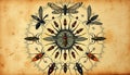 Surreal collage of various insects forming a mandala, combining vintage textures and contemporary design elements Royalty Free Stock Photo
