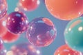 A surreal, colorful abstract background featuring floating iridescent bubbles. The glossy,