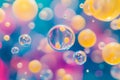 A surreal, colorful abstract background featuring floating liquid spheres. The glossy,