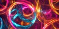 A surreal, colorful abstract background featuring swirling, intertwined ribbons of neon light. The