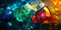 A surreal, colorful abstract background with floating, luminous crystalline structures. The