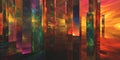 A surreal, colorful abstract background with floating, luminous crystalline structures. The