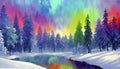 Surreal colorful aurora sky snowy forest and creek illustration like painting