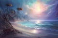 Surreal Colorful Fantasy Image of a Mystical Beach, created with Generative AI technology