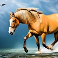 A surreal combination of a horse and a fish, with a shimmering golden mane and a tail made of flowing water3, Generative AI