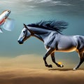 A surreal combination of a horse and a fish, with a shimmering golden mane and a tail made of flowing water4, Generative AI
