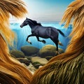 A surreal combination of a horse and a fish, with a shimmering golden mane and a tail made of flowing water5, Generative AI