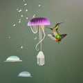 A surreal combination of a hummingbird and a jellyfish, with delicate feathers and trailing ethereal tentacles2, Generative AI
