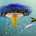 A surreal combination of a hummingbird and a jellyfish, with delicate feathers and trailing ethereal tentacles4, Generative AI
