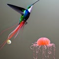 A surreal combination of a hummingbird and a jellyfish, with delicate wings and trailing tentacles2, Generative AI