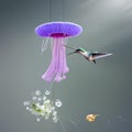 A surreal combination of a hummingbird and a jellyfish, with delicate wings and trailing tentacles1, Generative AI