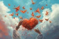 A surreal composition featuring a pair of hands releasing a flock of vibrant, heart-shaped birds into the sky, symbolizing the Royalty Free Stock Photo