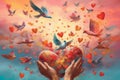 A surreal composition featuring a pair of hands releasing a flock of vibrant, heart-shaped birds into the sky, symbolizing the Royalty Free Stock Photo