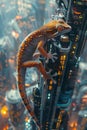 Surreal Concept of Geckos Lizard in a Futuristic City Scene with Neon Lights and Cyberpunk Aesthetics