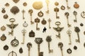 Surreal concept image of person looking at many vintage keys and clocks Royalty Free Stock Photo