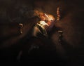 surreal concept of a man on fire, digital illustration of a man with a burning head, self-ignition, dark mystical art of