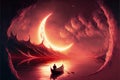 A surreal concept of a man rowing a boat in a glowing sea, gazing at the melting crescent moon. illustration painting