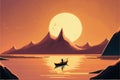 A surreal concept of a man rowing a boat in a glowing sea, gazing at the melting crescent moon. illustration painting