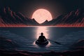 A surreal concept of a man rowing a boat in a glowing sea, gazing at the melting crescent moon. illustration painting