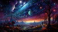 Surreal cosmic dreamscape with swirling galaxies, celestial beings, and a vibrant tapestry of psychedelic colors by AI generated