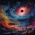 Surreal Cosmic Landscape with Black Hole