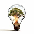 Surreal and creative image isolated on white background of a tree growing inside a light bulb, representing the Royalty Free Stock Photo